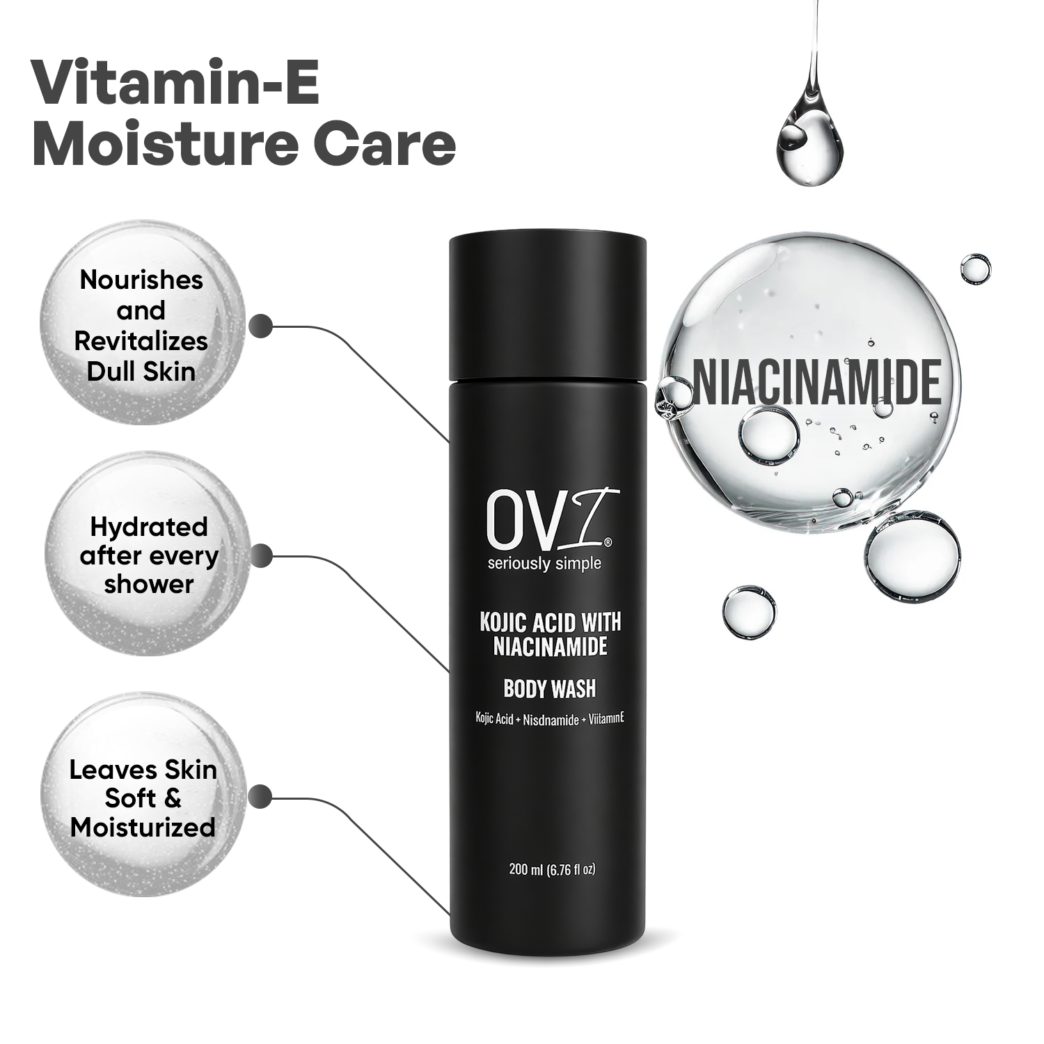 Kojic Acid with Niacinamide Body Wash 200ml | Deep Cleansing & Hydrating Shower Gel with Vitamin E | Refreshing Daily Body Cleanser for Soft, Smooth & Healthy-Looking Skin