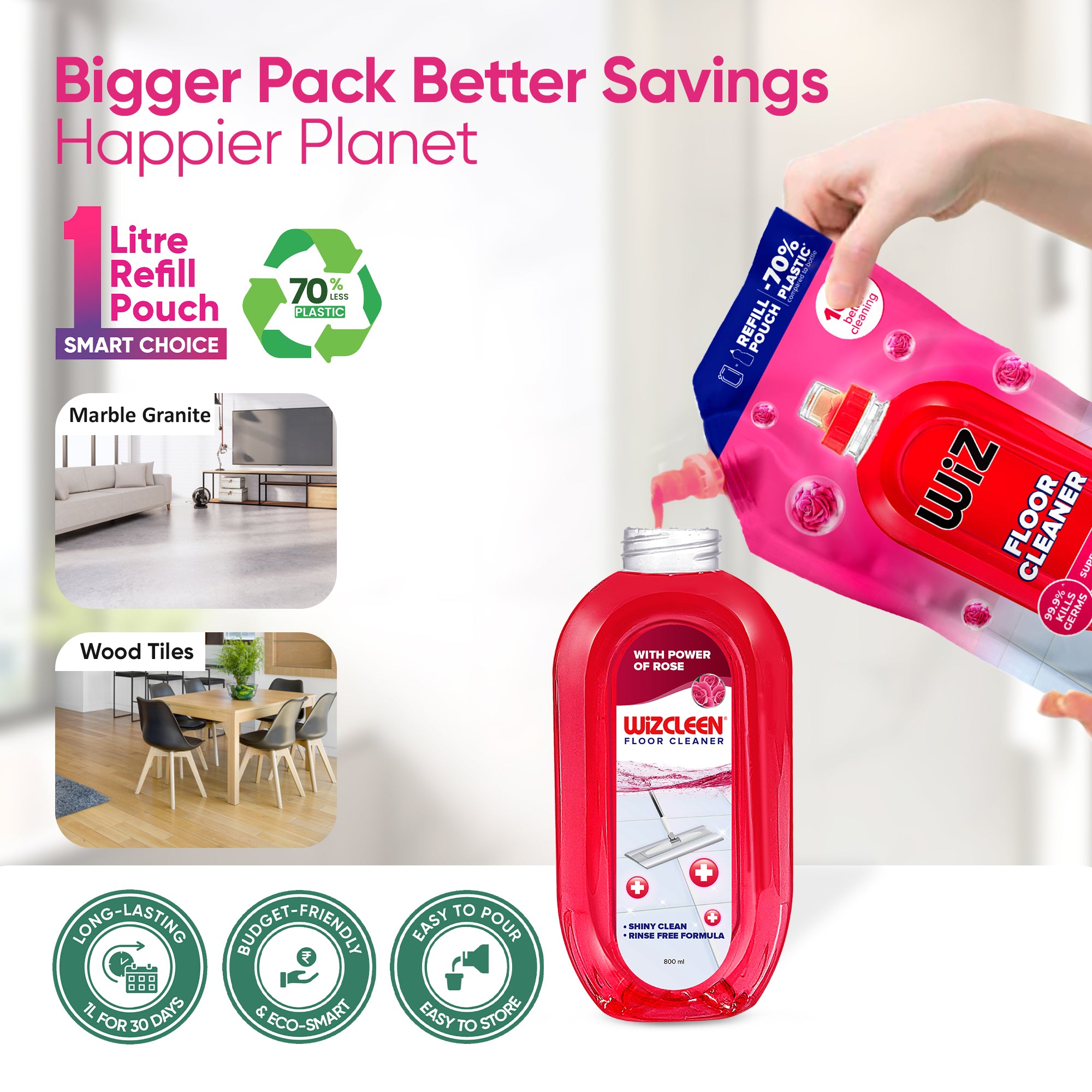 Floor Cleaner Rose 1L Refill Pouch (Pack of 2)