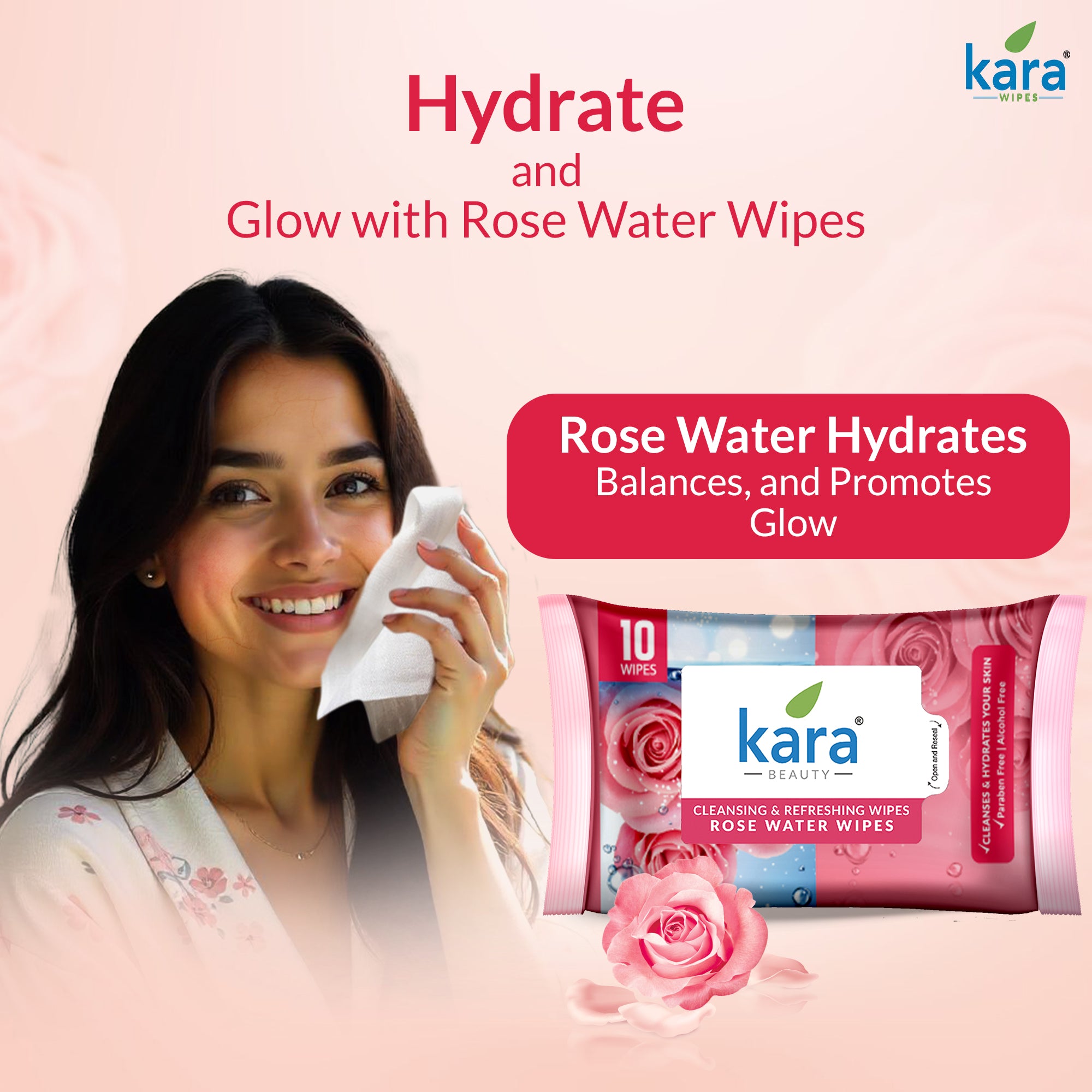 Rose Water Facial Wet Wipes 10 Pulls (Pack of 12)