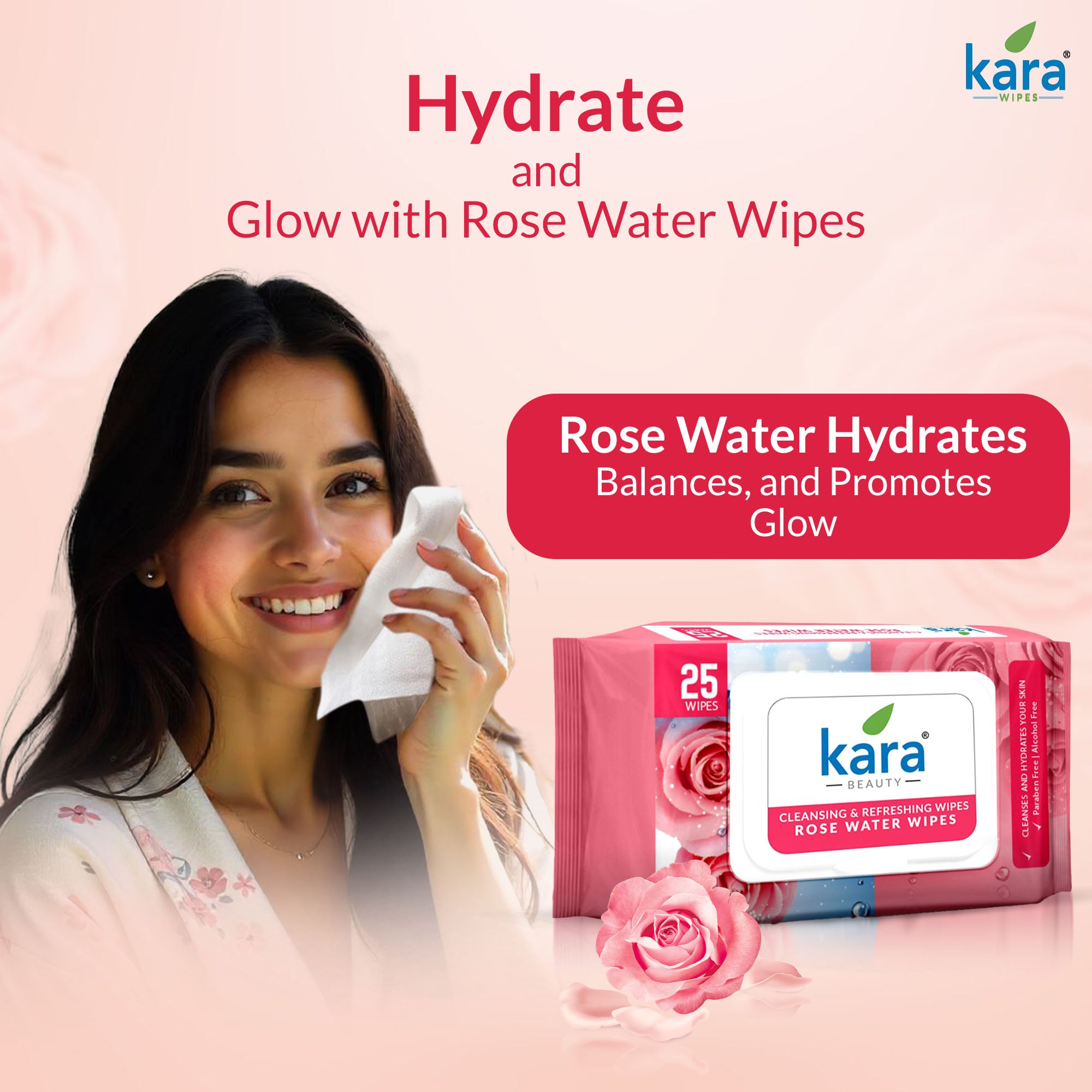Rose Water Facial Wet Wipes 25 Pulls (Pack of 6)