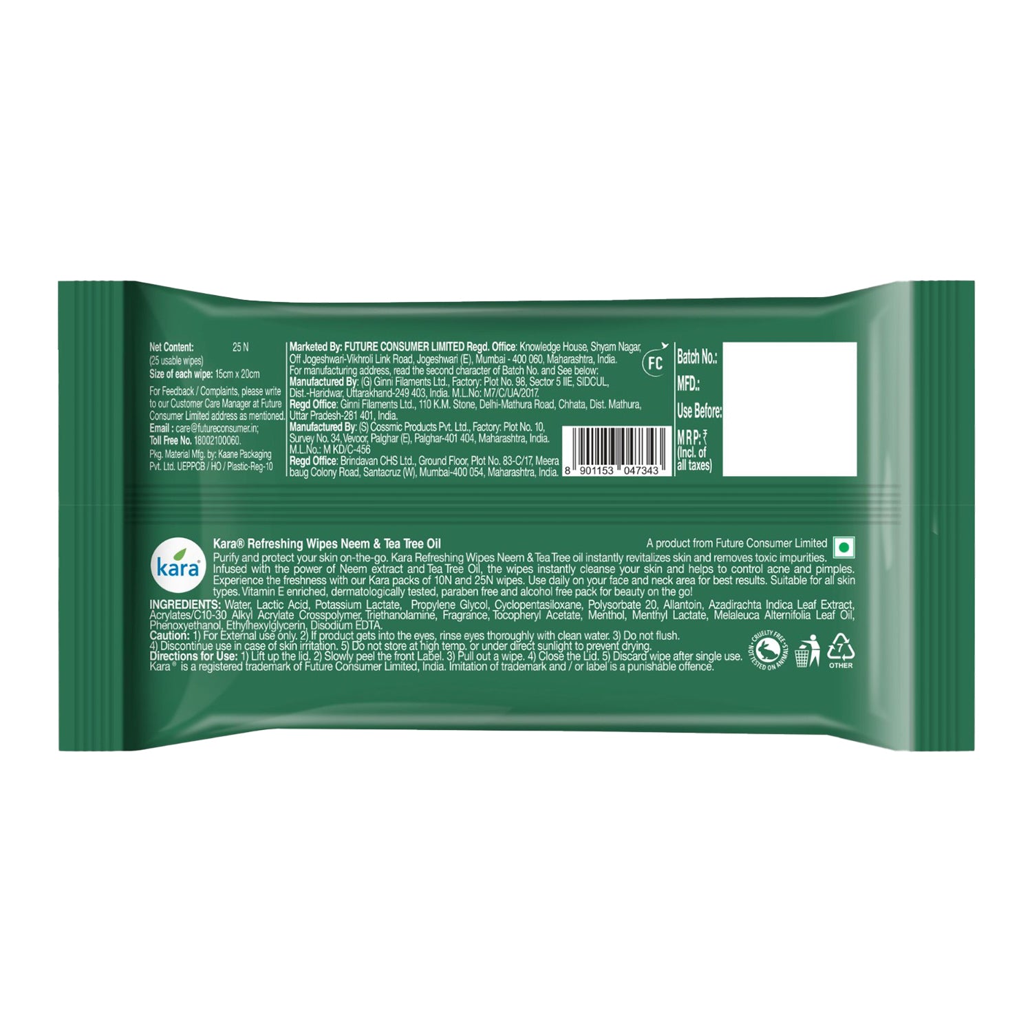 Neem & Tea Tree Oil Facial Wet Wipes 10 Pulls (Pack of 12)