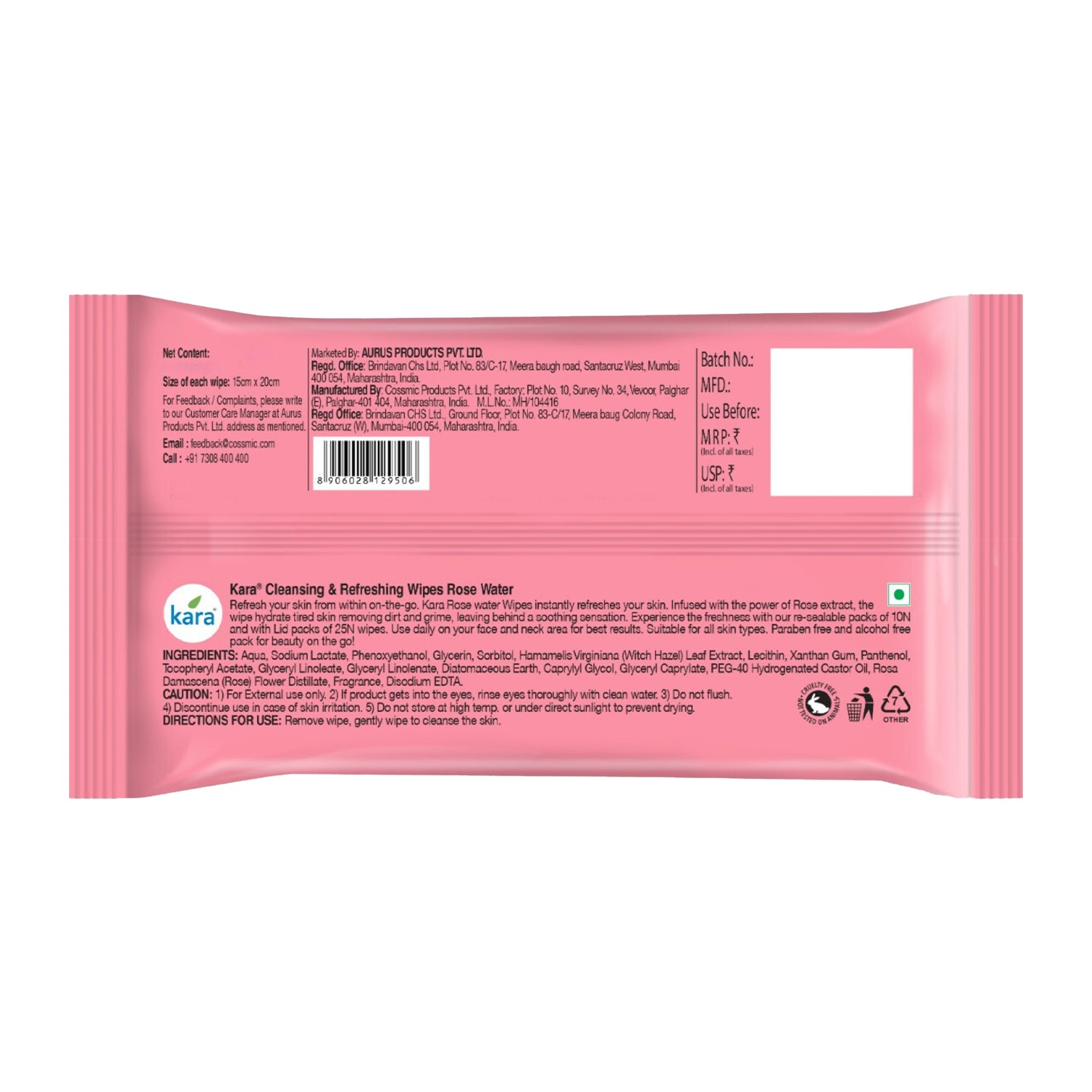 Rose Water Facial Wet Wipes 10 Pulls (Pack of 12)